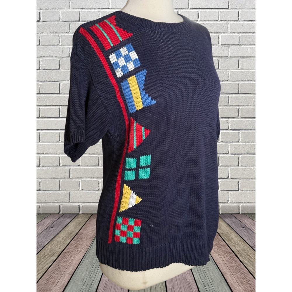 Vintage Deans Of Scotland Sweater Sz S Womens Navy Nautical Flags Short Sleeve